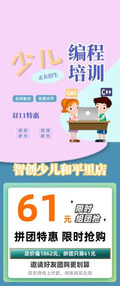 少儿编程拼团满血版双11活动配图海报