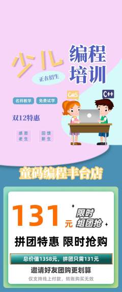 少儿编程拼团价格阶梯团双12活动配图海报