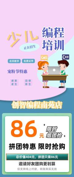 少儿编程拼团价格阶梯团宠粉节活动配图海报
