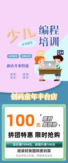 少儿编程拼团价格阶梯团新店开业活动配图海报