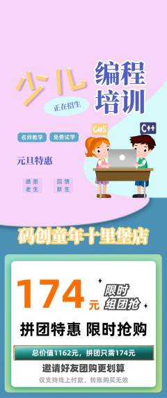 少儿编程拼团价格阶梯团元旦活动配图海报