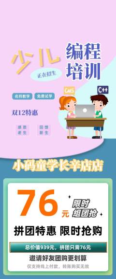 少儿编程拼团无阶梯团双12活动配图海报