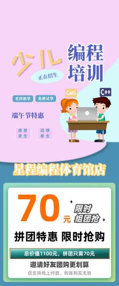 少儿编程拼团无阶梯团端午节活动配图海报