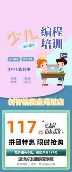 少儿编程拼团无阶梯团年中大促活动配图海报