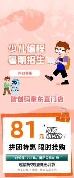 少儿编程拼团无阶梯团双12活动配图海报