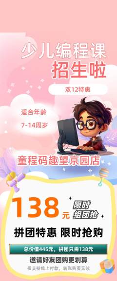 少儿编程拼团无阶梯团双12活动配图海报