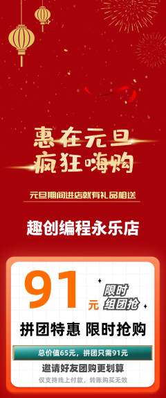 少儿编程拼团价格阶梯团元旦活动配图海报