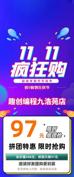少儿编程拼团满血版双11活动配图海报