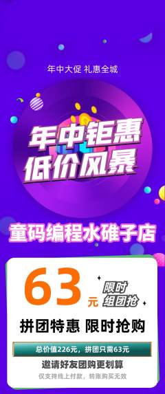 少儿编程拼团无阶梯团年中大促活动配图海报