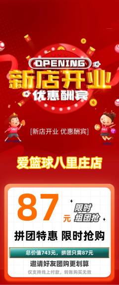 篮球馆拼团价格阶梯团新店开业活动配图海报