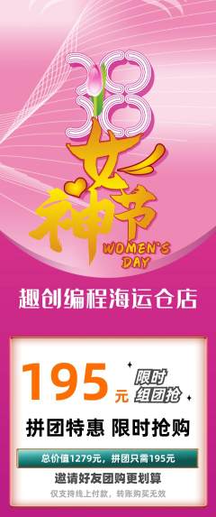 少儿编程拼团满血版女神节活动配图海报