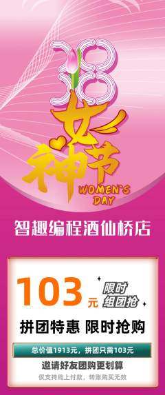 少儿编程拼团价格阶梯团女神节活动配图海报