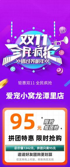 宠物店拼团无阶梯团双11活动配图海报