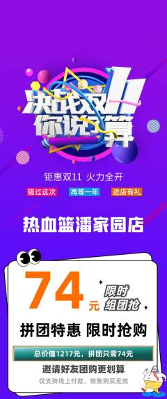 篮球馆拼团满血版双11活动配图海报