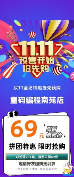 少儿编程拼团满血版双11活动配图海报