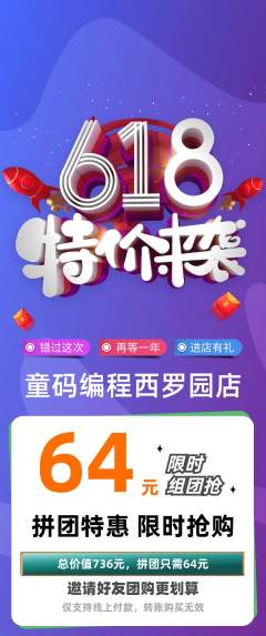 少儿编程拼团满血版618活动配图海报