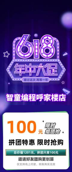 少儿编程拼团无阶梯团年中大促活动配图海报