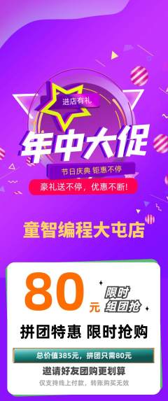 少儿编程拼团无阶梯团年中大促活动配图海报