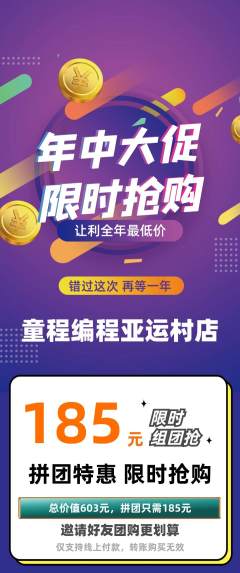 少儿编程拼团满血版年中大促活动配图海报
