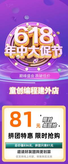 少儿编程拼团无阶梯团年中大促活动配图海报