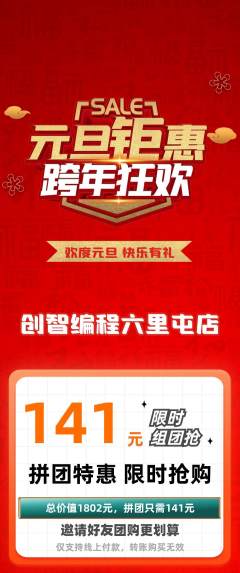 少儿编程拼团价格阶梯团元旦活动配图海报