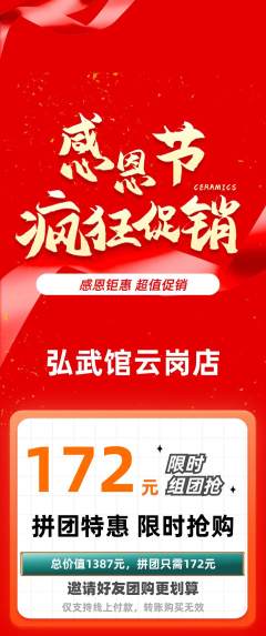 跆拳道拼团价格阶梯团感恩节活动配图海报
