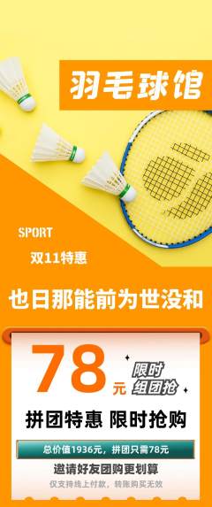 羽毛球馆拼团满血版双11活动配图海报