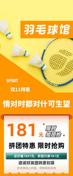 羽毛球馆拼团价格阶梯团双11活动配图海报