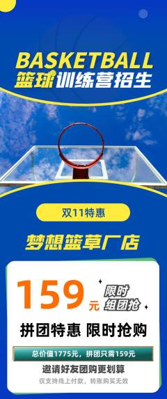 篮球馆拼团无阶梯团双11活动配图海报