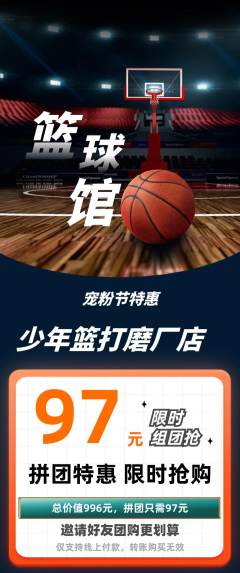 篮球馆拼团价格阶梯团宠粉节活动配图海报