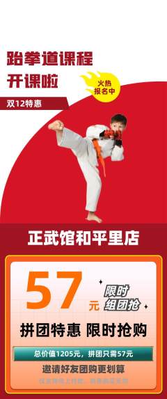跆拳道拼团无阶梯团双12活动配图海报