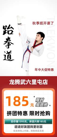 跆拳道拼团无阶梯团年中大促活动配图海报