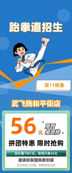 跆拳道拼团价格阶梯团双11活动配图海报
